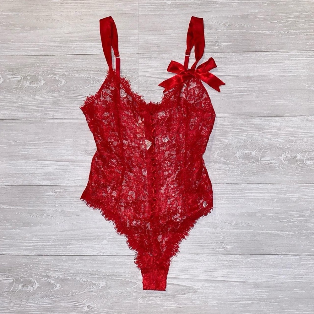 Red Lace Bodysuit with Bow Detail